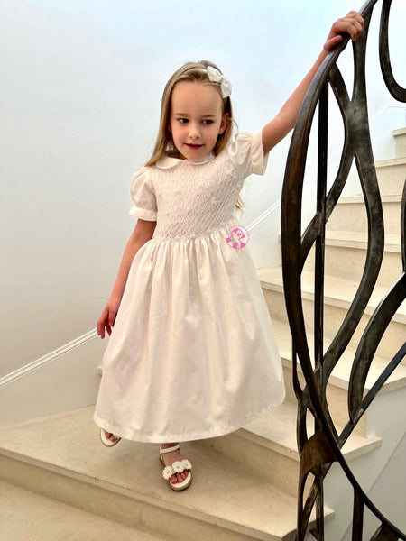 Robe smocks Manches Ballons Blanc à Broderies Blanches