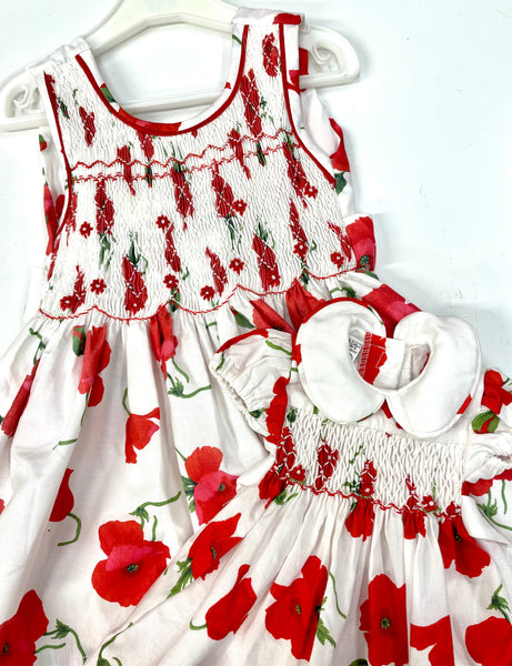 Robe smocks « Poppies » Manches Ballons col Claudine