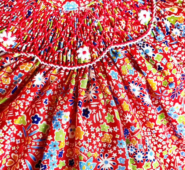 Robe Blouse smockée "Pervenche" à Fleurs bleues et oranges