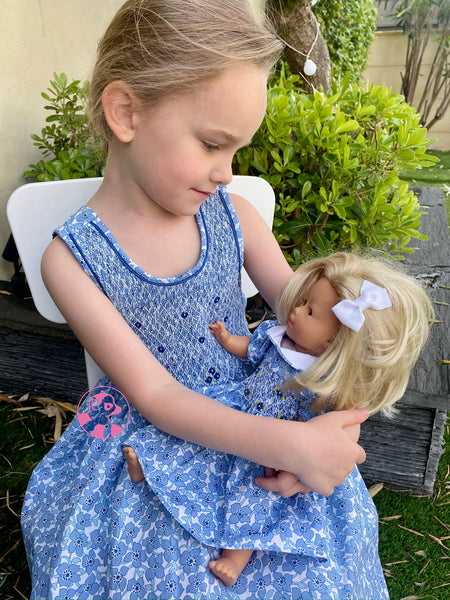 Pinafore Smocked dress PISO - Blue Flowers