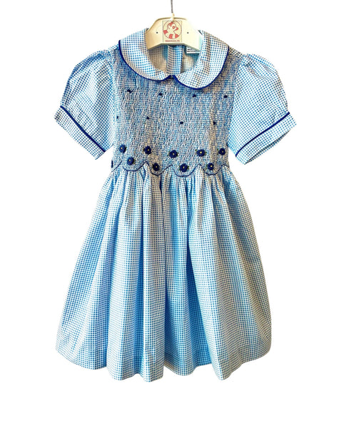 Robe smocks Manches Ballons Vichy Bleu ciel