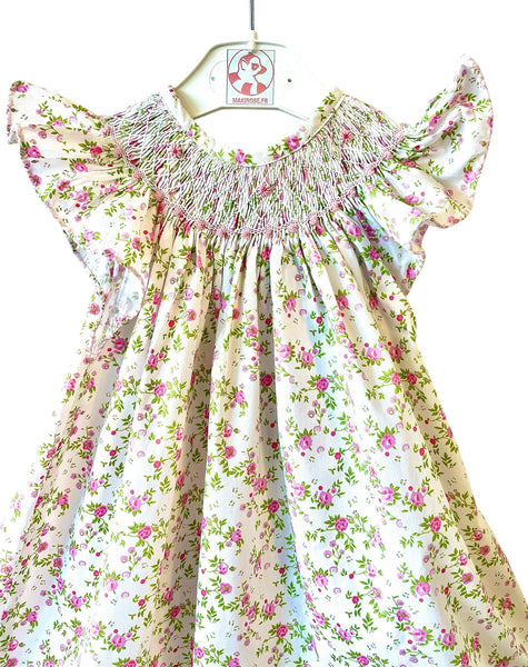 Robe Blouse smockée "Orchidée" à Fleurs Roses et vertes