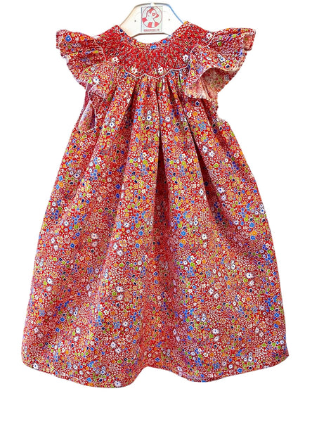 Robe Blouse smockée "Pervenche" à Fleurs bleues et oranges