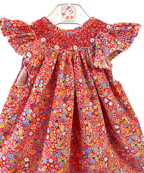 Robe Blouse smockée "Pervenche" à Fleurs bleues et oranges