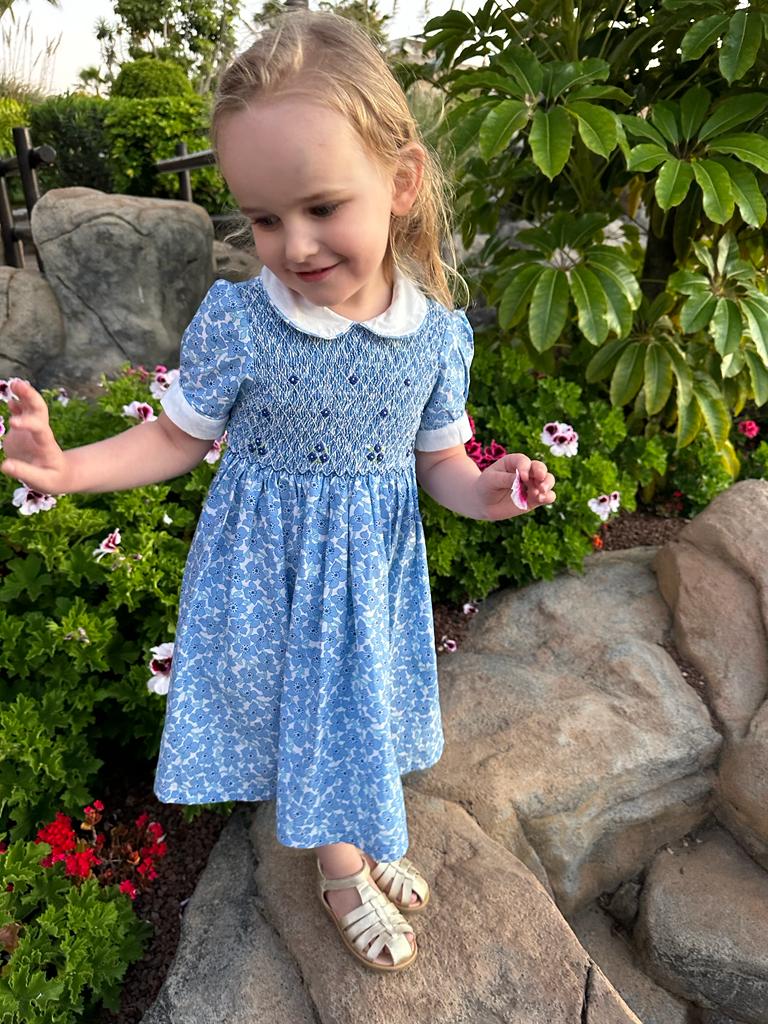 Robe smocks "Charlotte" Manches Ballons col claudine à Fleurs