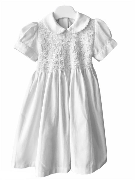 Robe Manches Ballon Col Claudine smocks brodé Maki Rose Blanc Cérémonie Baptême Communion Mariage