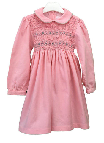 Robe smocks brodé main velours manches longues col claudine hiver rose et gris