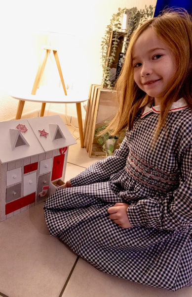 Robe smocks Manches longues Vichy Bleu Marine