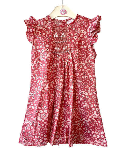 Robe Blouse smockée "Rubis" à Fleurs Blanches sur Rouge